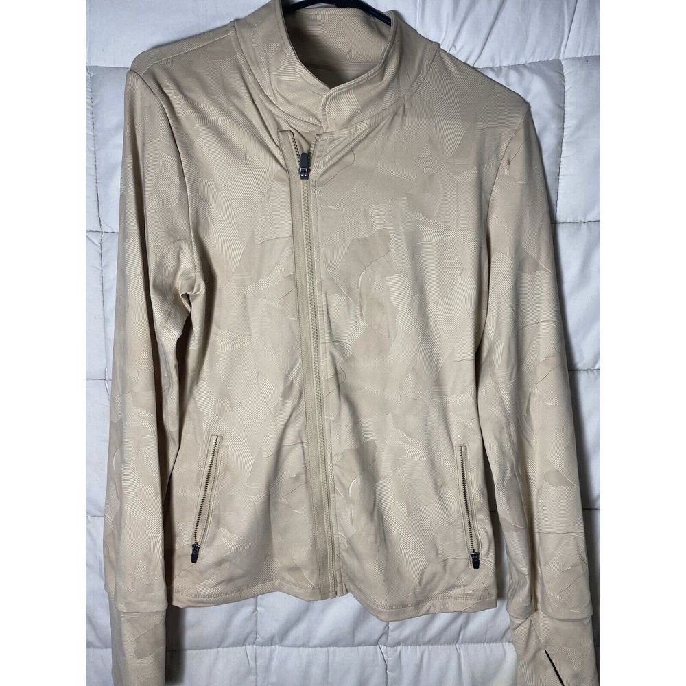 Zyia Activewear Jacket Womens Large Tan Textured Moto Zip Thumbholes Outdoor